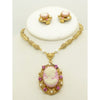 Vintage West Germany Pink Cameo Rhinestone Necklace Clip Earring Set - Vintage Lane Jewelry