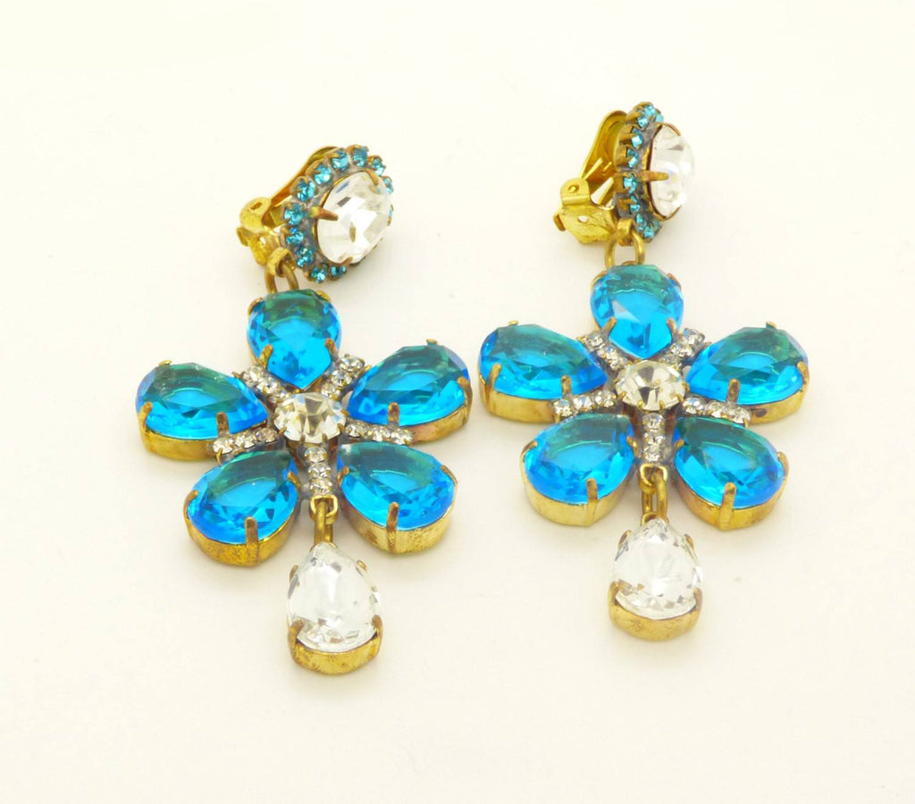 Aqua Blue Flower Dangle Czech Glass Clip Earrings - Vintage Lane Jewelry