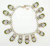 Statement Necklace Czech Glass Large Green Stones Clear Rhinestones - Vintage Lane Jewelry