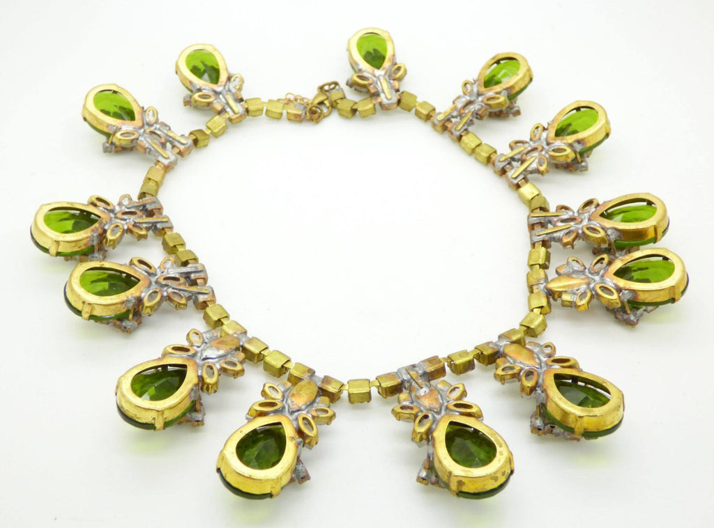 Statement Necklace Czech Glass Large Green Stones Clear Rhinestones - Vintage Lane Jewelry