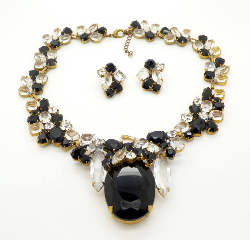 Black and Clear Czech Glass Statement Necklace ad Clip Earrings - Vintage Lane Jewelry