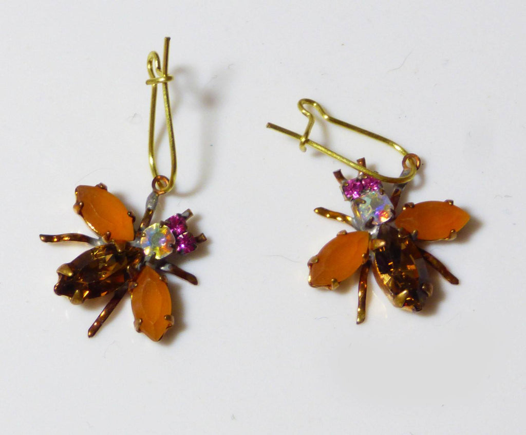 Czech Glass Rhinestone Fly Earrings, Brown and Opaque Amber - Vintage Lane Jewelry