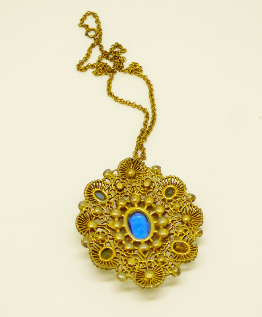 Vintage Art Deco Sapphire Blue Rhinestone Pendant Necklace - Vintage Lane Jewelry