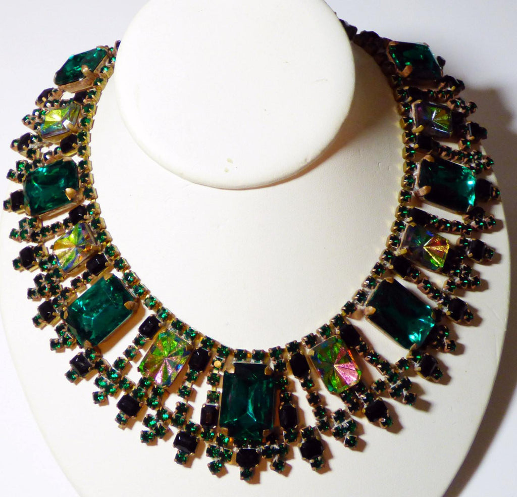 Czech Glass Watermelon Vitral Emerald Cut Rhinestones Bib Statement Necklace - Vintage Lane Jewelry