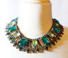 Czech Glass Watermelon Vitral Emerald Cut Rhinestones Bib Statement Necklace - Vintage Lane Jewelry