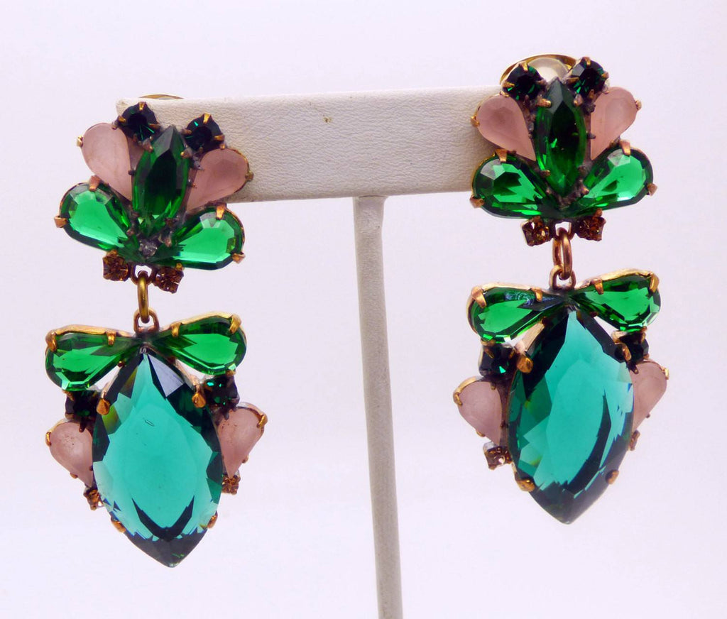 Czech Glass Green and Peach Bow Glass Clip Earrings - Vintage Lane Jewelry