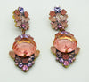 Czech Glass Peach and Lavender Dangle Pierced Style Earrings, Rhinestone, open-back - Vintage Lane Jewelry