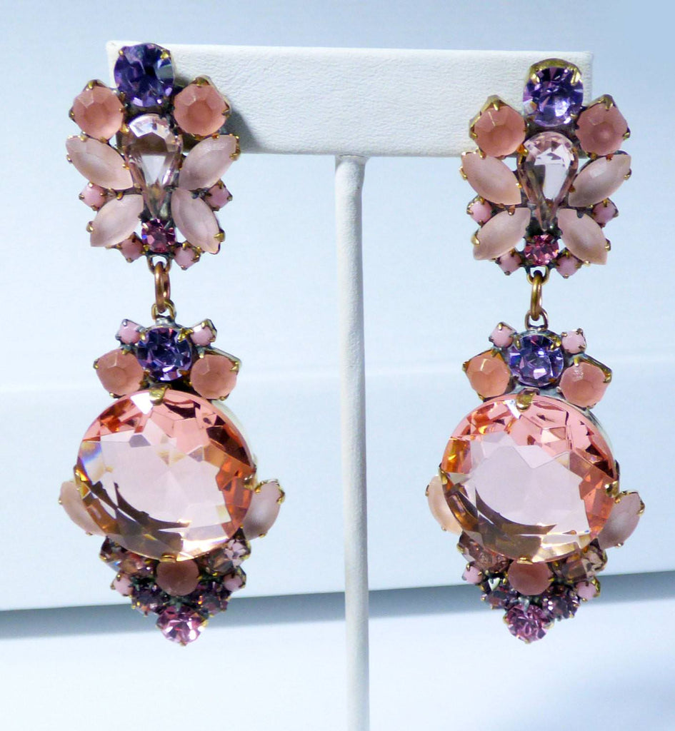 Czech Glass Peach and Lavender Dangle Pierced Style Earrings, Rhinestone, open-back - Vintage Lane Jewelry