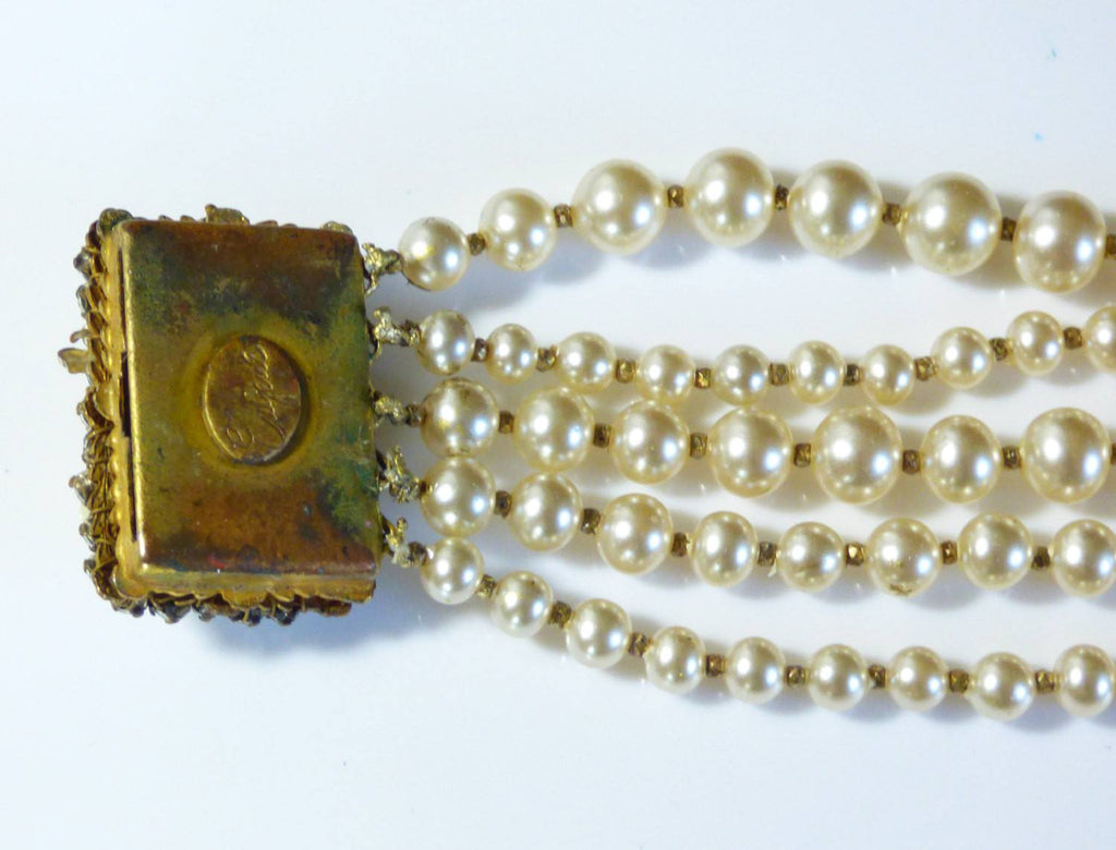 Original by Robert 5 Strand Glass Pearl and Rhinestone Bracelet - Vintage Lane Jewelry