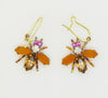 Czech Glass Rhinestone Fly Earrings, Brown and Opaque Amber - Vintage Lane Jewelry