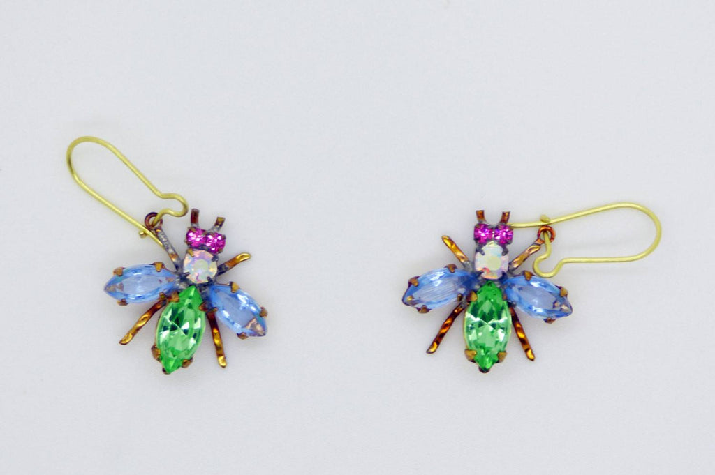 Czech Glass Rhinestone Fly Earrings, Green and Lavender - Vintage Lane Jewelry