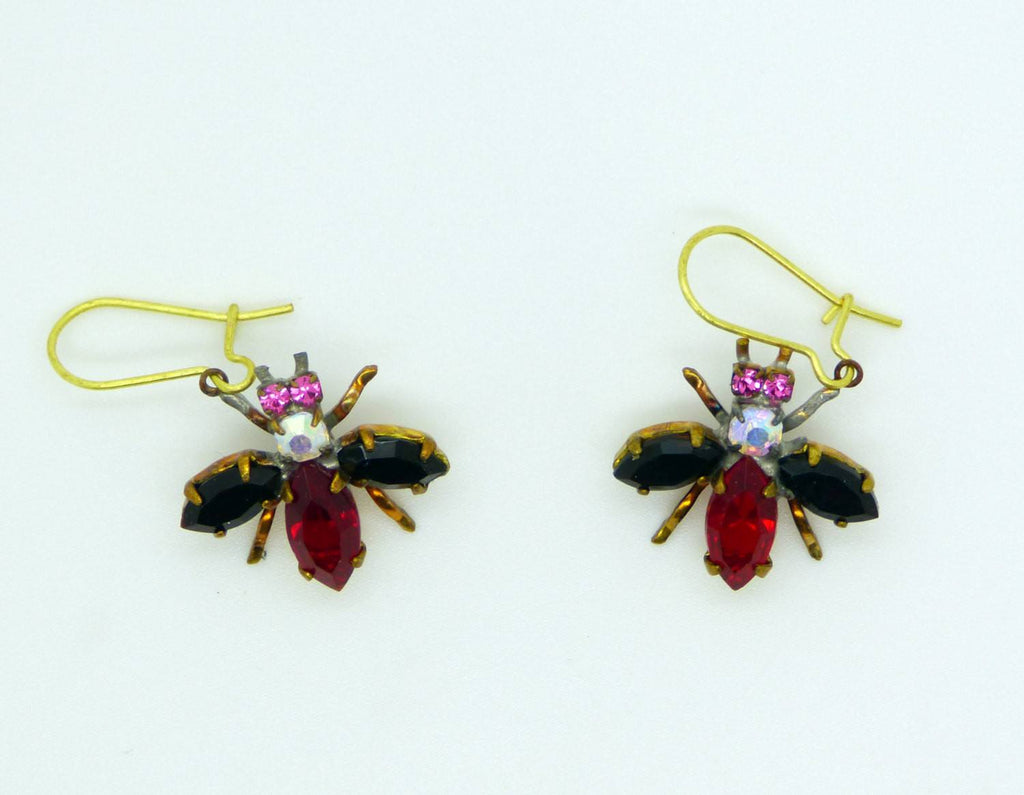 Czech Glass Rhinestone Fly Earrings, Red and Black - Vintage Lane Jewelry