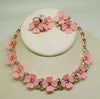 Vintage Lisner Pink Molded Flowers and Rhinestone Parure, Necklace, Bracelet, Clip Earring - Vintage Lane Jewelry