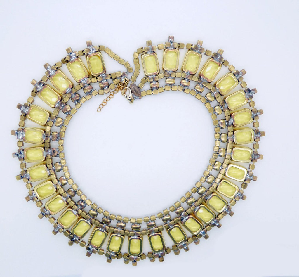 Husar D. Yellow Gold Czech Glass Bib Style Collar Necklace, Statement Necklace - Vintage Lane Jewelry