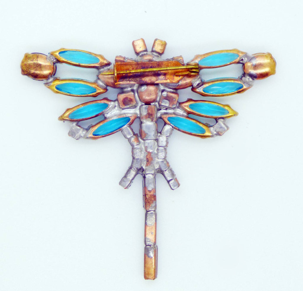 Czech Glass Montana Blue and Aqua Rhinestone Dragonfly Pin Brooch - Vintage Lane Jewelry