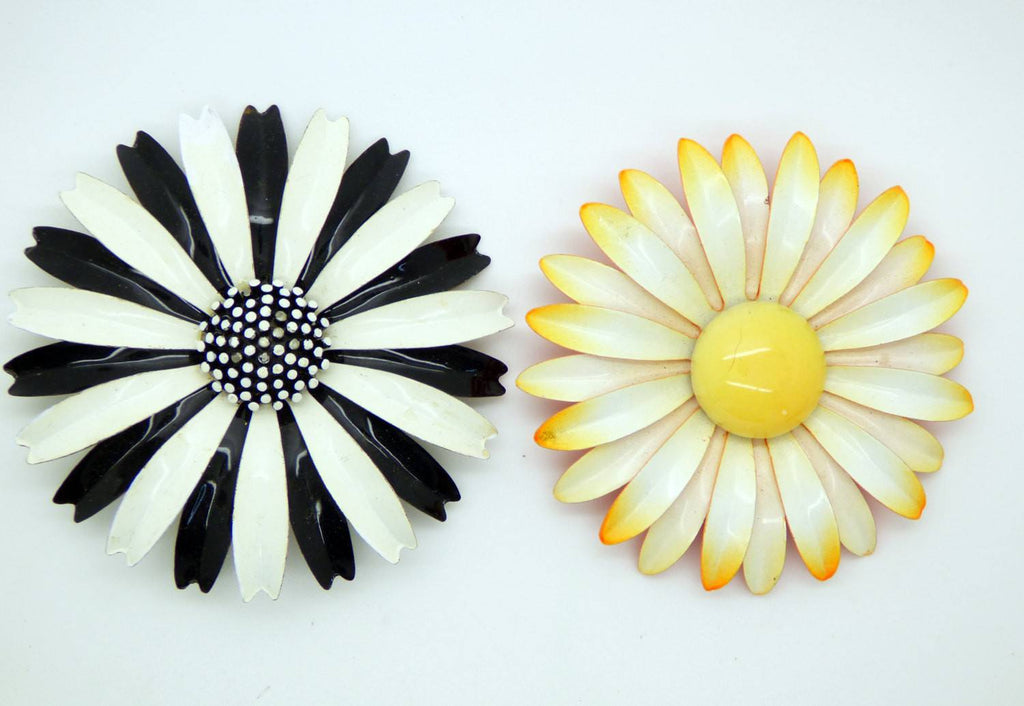 Black and White Enamel Flower Pins, Crown Trifari Daisy Pin - Vintage Lane Jewelry