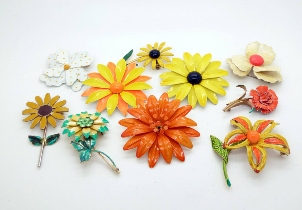 Orange and Yellow Enamel Flower Pins, Signed Art Pin - Vintage Lane Jewelry