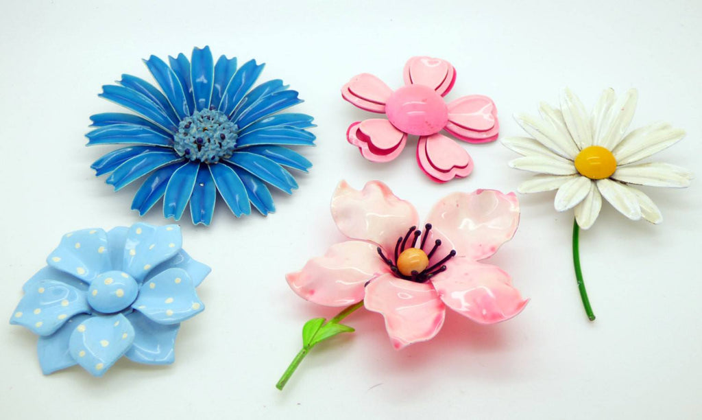 Vintage Enamel Flower Pins, Large Blue Daisy, Blue Polka Dot Flower - Vintage Lane Jewelry