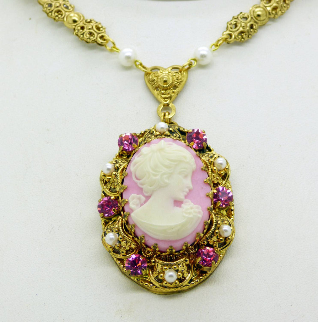 Vintage West Germany Pink Cameo Rhinestone Necklace Clip Earring Set - Vintage Lane Jewelry