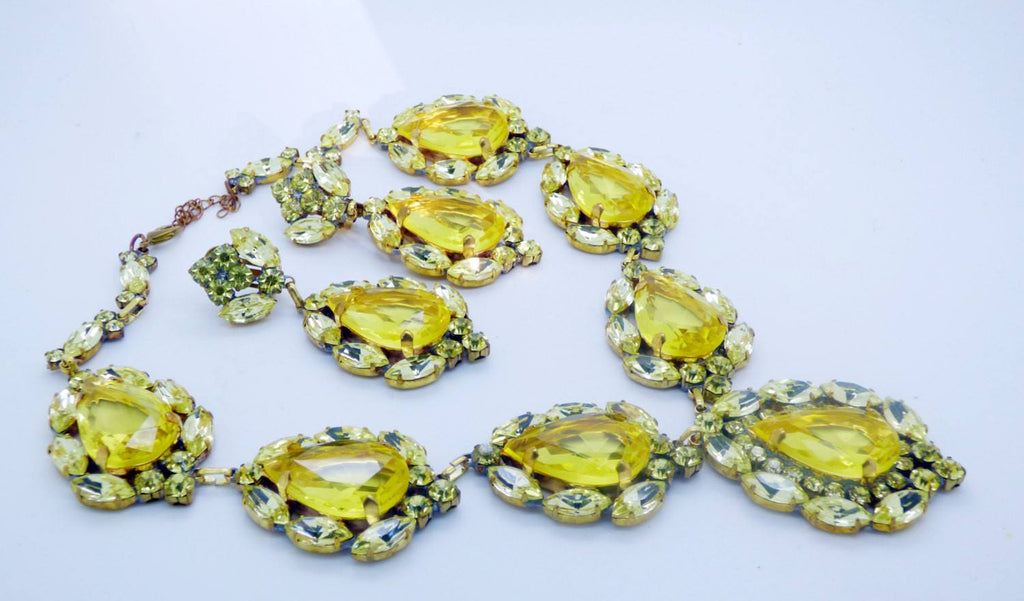 Huge Yellow Czech Glass Statement Necklace and matching clip earrings - Vintage Lane Jewelry