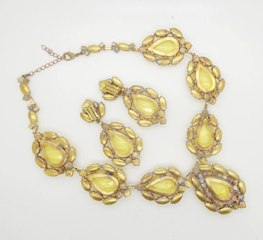 Huge Yellow Czech Glass Statement Necklace and matching clip earrings - Vintage Lane Jewelry