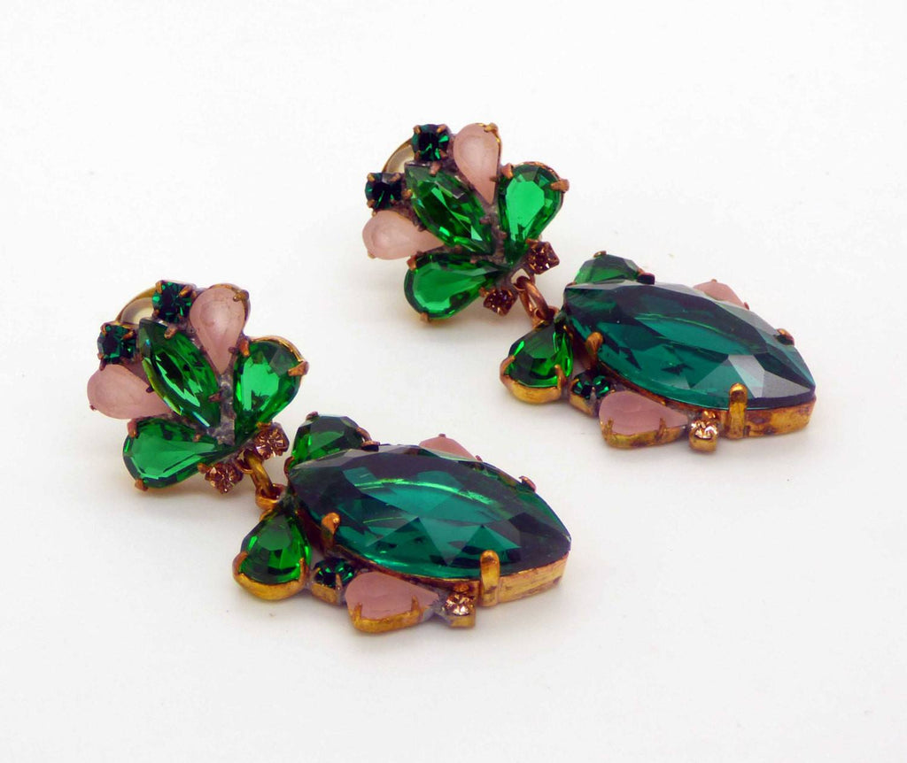 Czech Glass Green and Peach Bow Glass Clip Earrings - Vintage Lane Jewelry