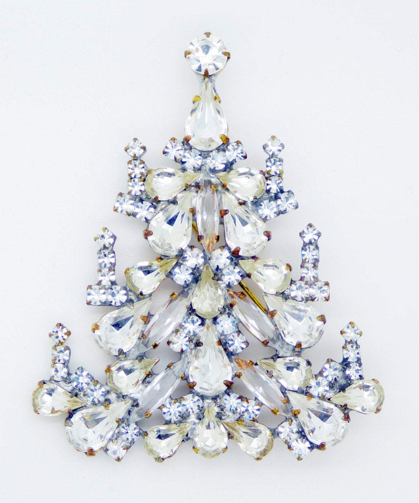 Clear Rhinestone Clear Glass Large Christmas Tree Brooch, - Vintage Lane Jewelry