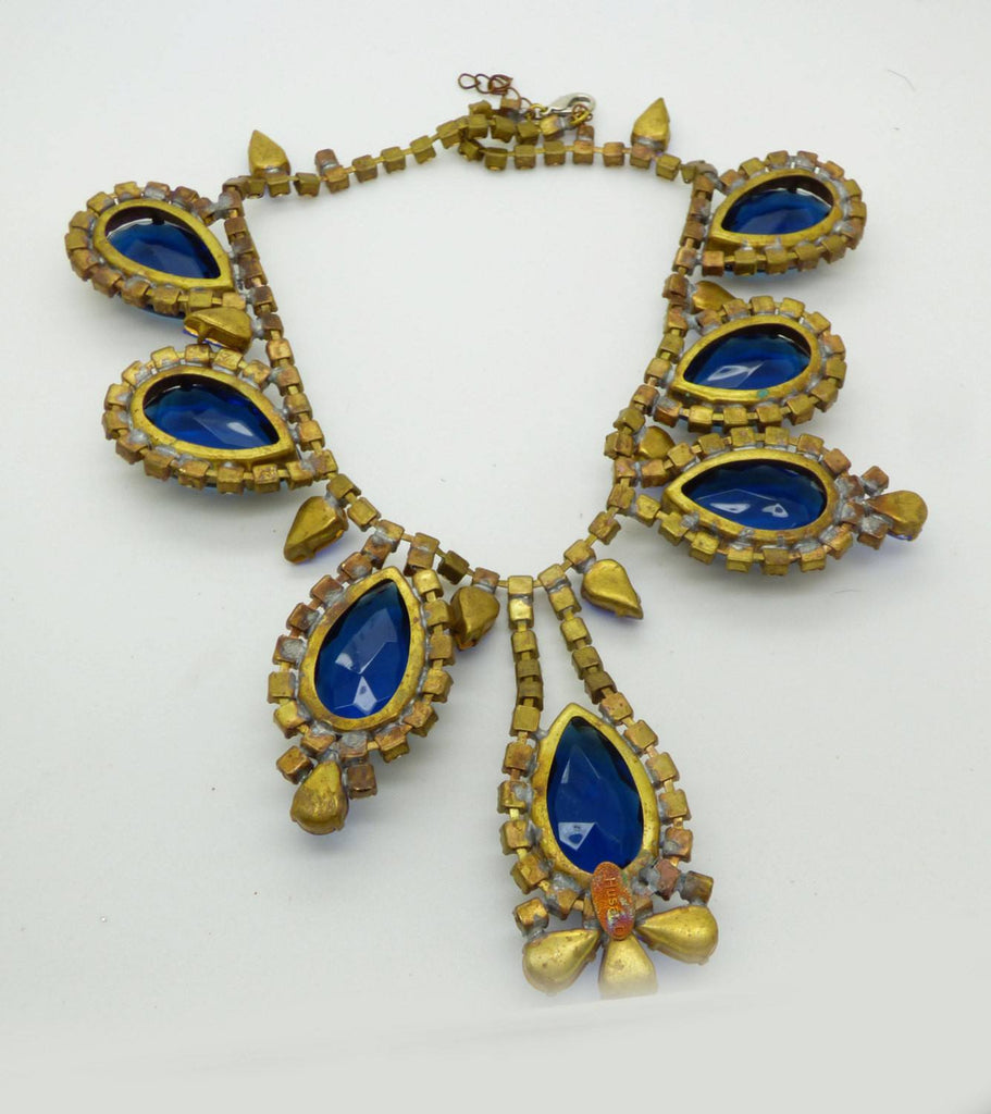 Czech Glass Husar D Large Royal Blue Stone Rhinestone Statement Necklace - Vintage Lane Jewelry