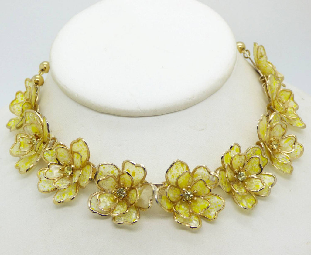 Yellow Paper Flower Rhinestone Gold Tone Necklace - Vintage Lane Jewelry