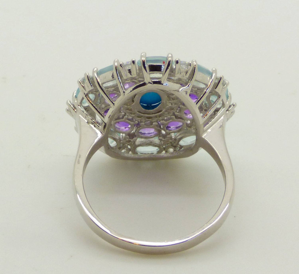Blue Chalcedony. Amethyst, White Cubic Zirconia, Turquoise 14k White Gold over Sterling Silver Ring - Vintage Lane Jewelry