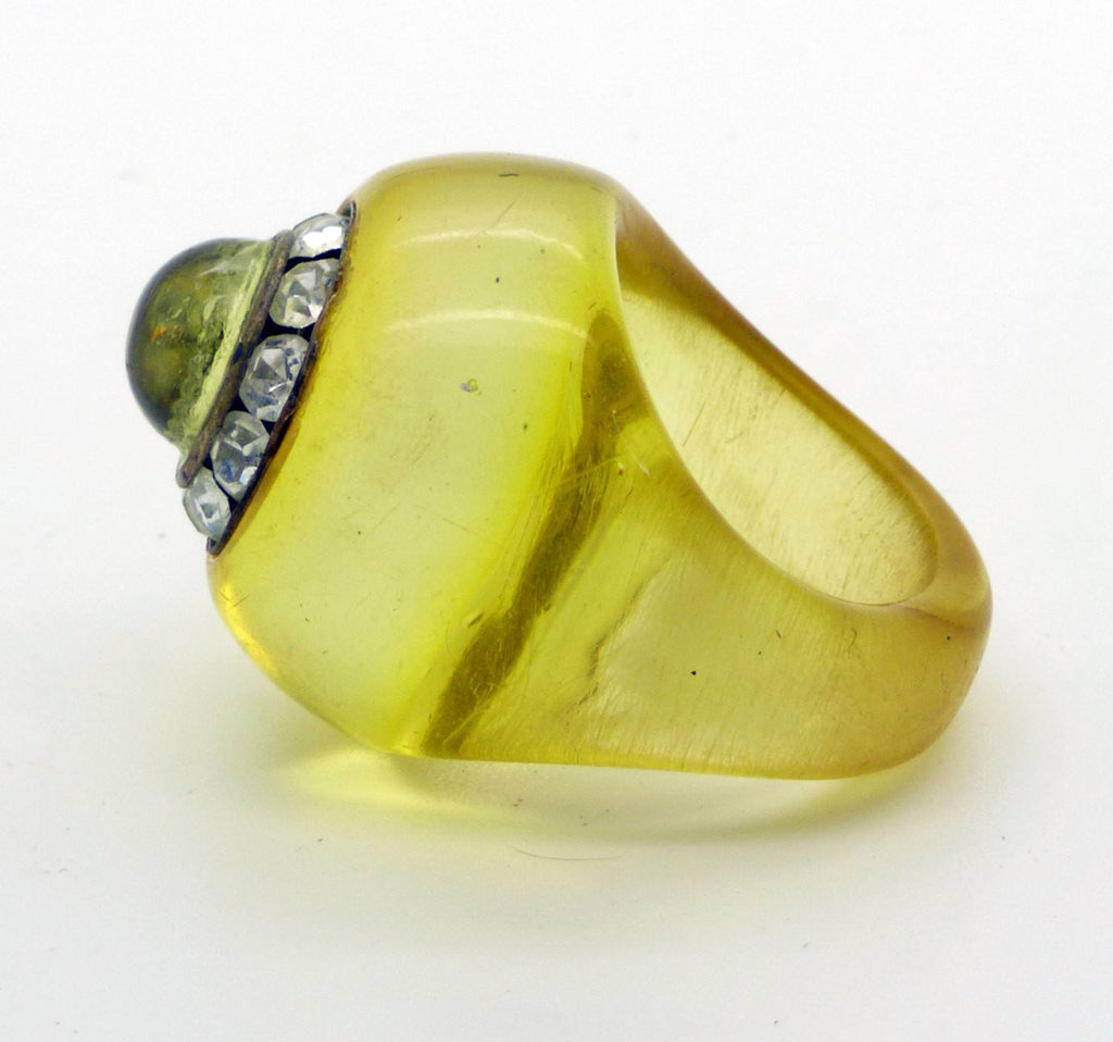 Art Deco Carved Prystal Bakelite Ring with Rhinestones and Glass Cabochon - Vintage Lane Jewelry