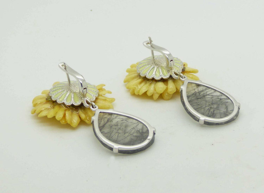 Rutite in Quartz with Flower Preserved in Resin Sterling Silver Pierced Style Earrings - Vintage Lane Jewelry