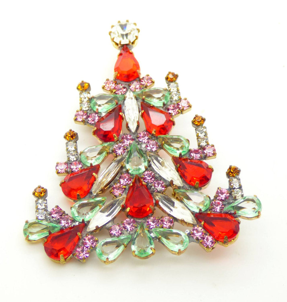 Czech Glass Candles Red, Lavender and light green Christmas Tree Brooch, Vintage Rhinestones Xmas Tree Pin - Vintage Lane Jewelry