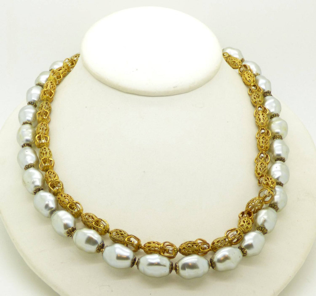 Miriam Haskell Large Baroque Silver Pearl and Gold Filigree Necklace - Vintage Lane Jewelry
