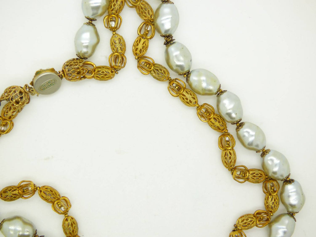 Miriam Haskell Large Baroque Silver Pearl and Gold Filigree Necklace - Vintage Lane Jewelry