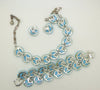 Lisner Blue Feather Thermoset Rhinestone Parure, Necklace, Wide Bracelet and Screw Type Earrings - Vintage Lane Jewelry