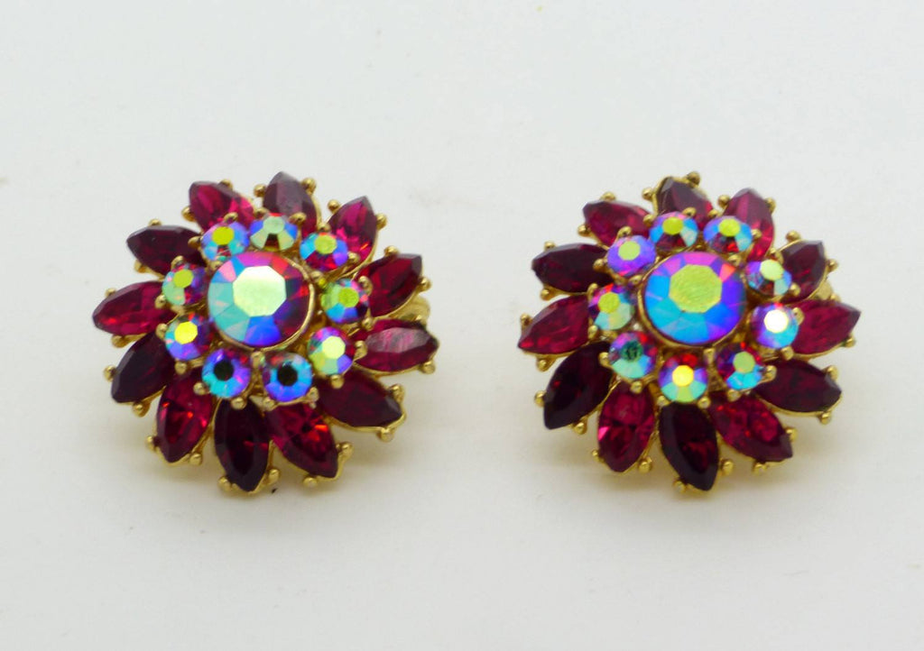 Vintage Crown Trifari Ruby Red and AB Rhinestone Flower Clip Earrings - Vintage Lane Jewelry