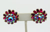 Vintage Crown Trifari Ruby Red and AB Rhinestone Flower Clip Earrings - Vintage Lane Jewelry