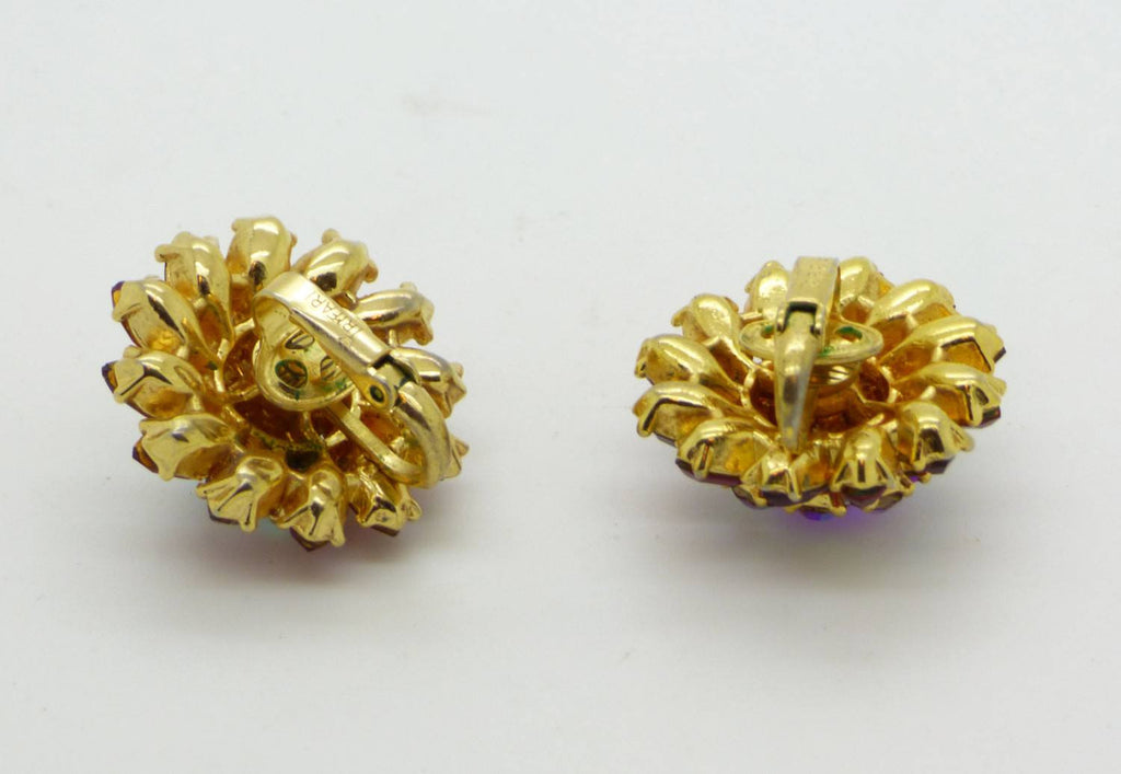 Vintage Crown Trifari Ruby Red and AB Rhinestone Flower Clip Earrings - Vintage Lane Jewelry