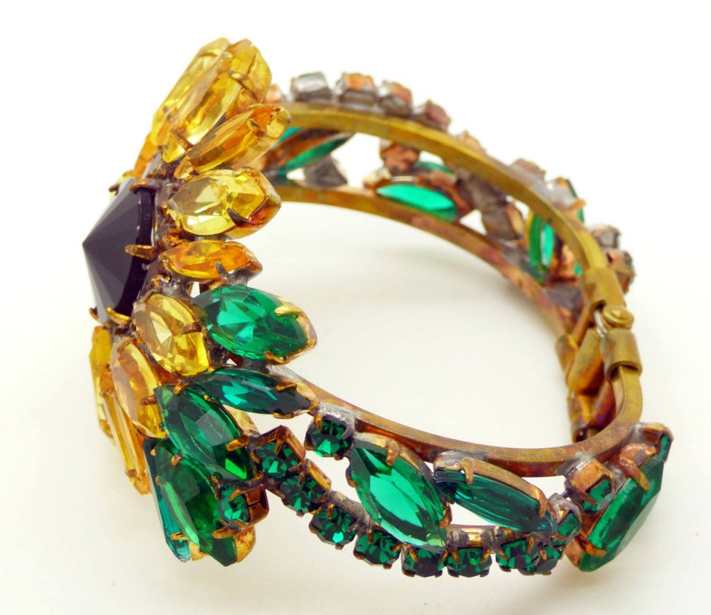 Czech Glass Sunflower Hinged Clamper Bracelet - Vintage Lane Jewelry