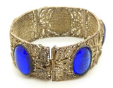 Chinese Export Blue Glass Cabochon 800 Silver Filigree Hinged Panel Bracelet - Vintage Lane Jewelry