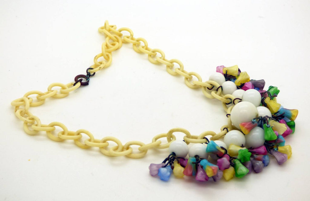 Antique Colorful Art Deco Czech Glass Flower Dangle Necklace, Celluloid Chain - Vintage Lane Jewelry