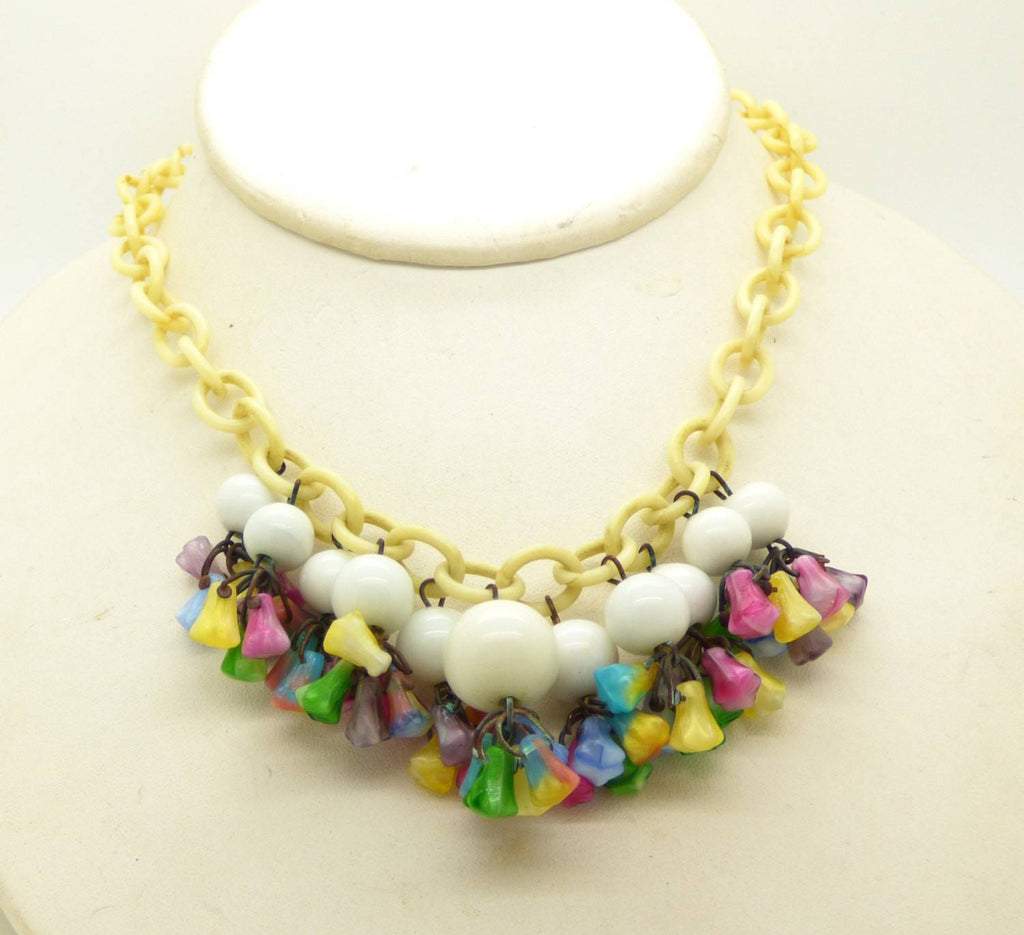 Antique Colorful Art Deco Czech Glass Flower Dangle Necklace, Celluloid Chain - Vintage Lane Jewelry