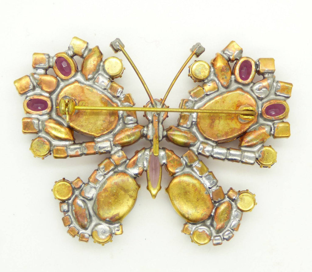 Czech Glass Purple and Pink Rhinestone Butterfly Brooch - Vintage Lane Jewelry