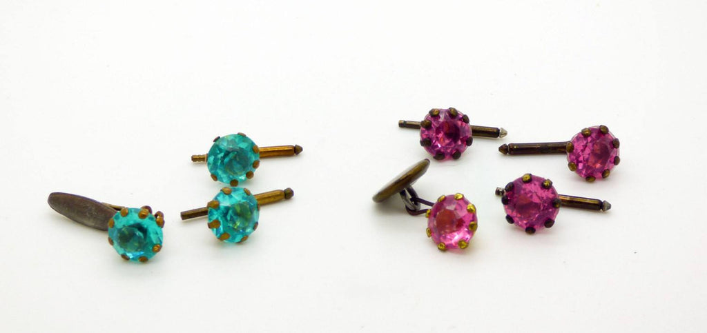 Antique Paste Turquoise and Pink Cufflink and Shirt Stud Sets - Vintage Lane Jewelry