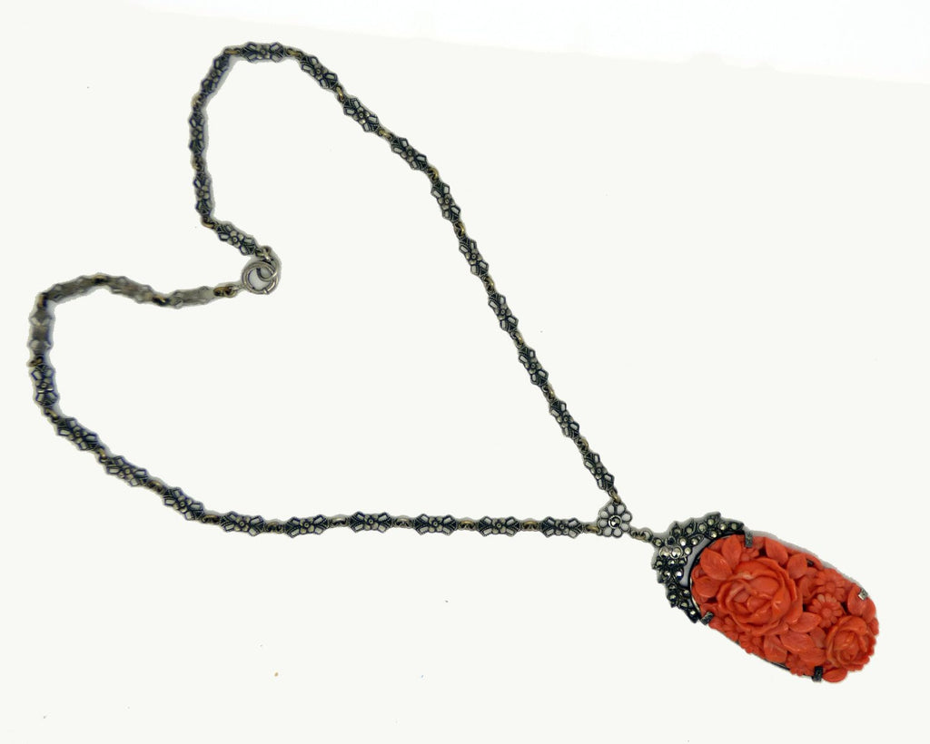 Fine Art Deco Sterling Coral Glass Marcasite Necklace with a Floral Bow Chain - Vintage Lane Jewelry