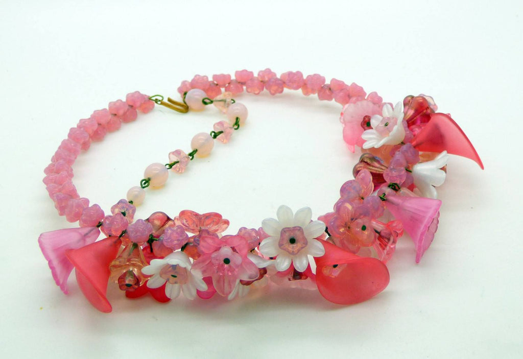 Pink Glass Bell flower and Lucite Flower Choker - Vintage Lane Jewelry