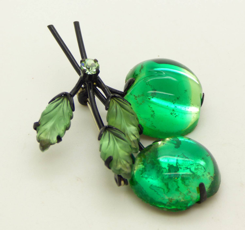 Vintage Austrian Glass Green Cherry Japanned Brooch Pin - Vintage Lane Jewelry