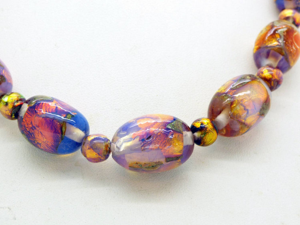 Vintage Venetian Murano Art Deco Opalescent Foil Glass Bead Necklace - Vintage Lane Jewelry