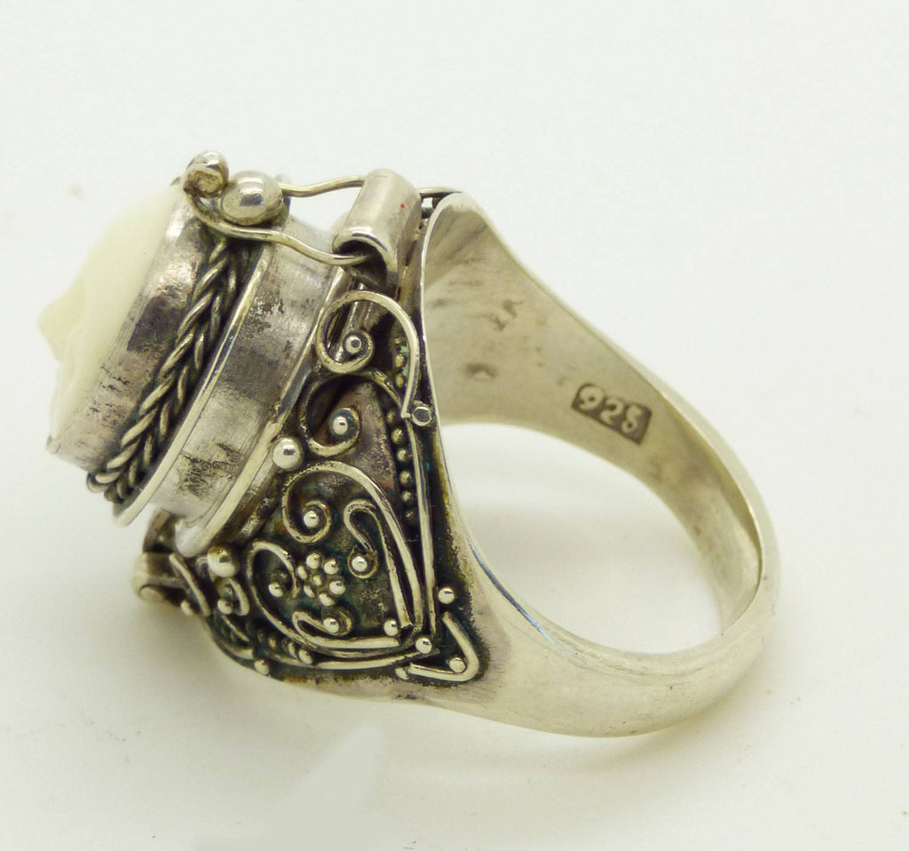 Balinese Bone Sterling Silver 925 Poison Ring, Pill Box Ring, Size 8.5 - Vintage Lane Jewelry